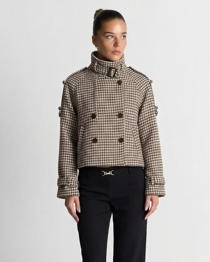 Stella | Autumn Houndstooth Blazer Brown Cropped Double Breasted