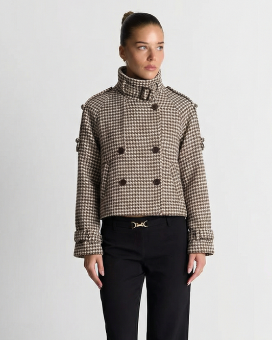 Stella | Autumn Houndstooth Blazer Brown Cropped Double Breasted