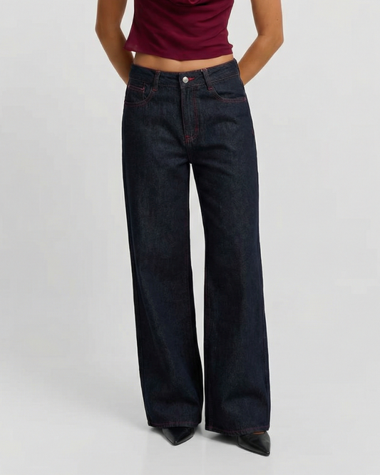 Wren | Wide Leg Jeans Dark Wash High Waisted Contrast Stitch