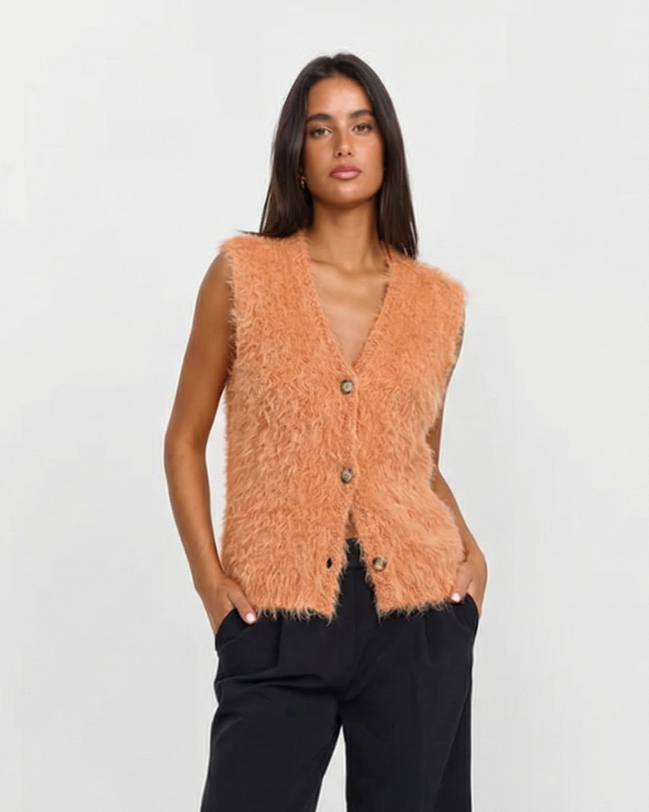 Romy | Fluffy Vest Top Orange Sleeveless Button Front