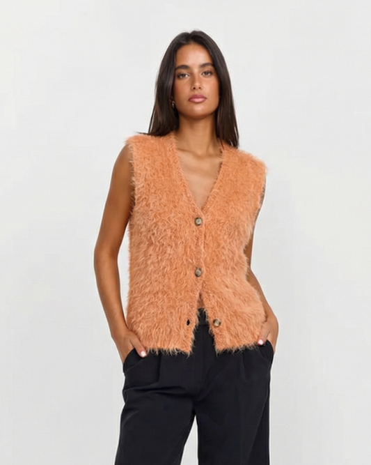 Thea | Fuzzy Knit Sweater Vest Peach Button Front