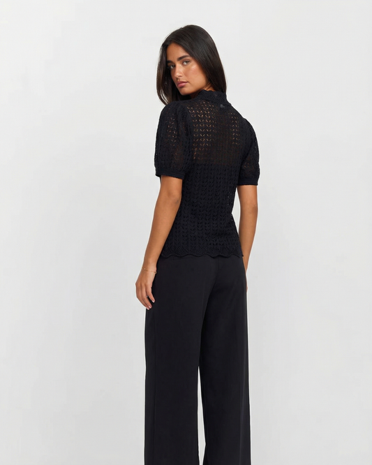 Amelia | Black Chic Crochet Knit Puff Sleeve Polo Top