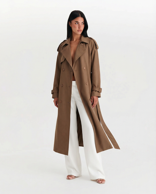 Paloma | Elegant Longline Trench Coat Brown Double Breasted