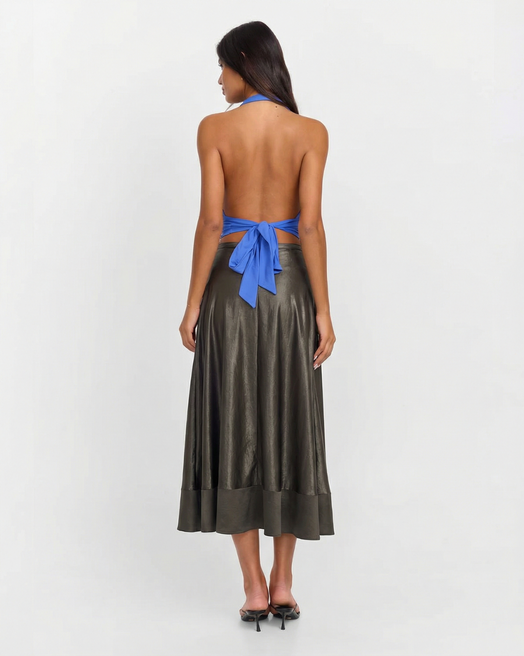 Margot | Satin A Line Midi Skirt Black High Waisted