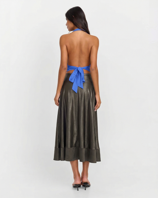 Stella | Elegant Satin Midi Skirt Green A Line Tiered