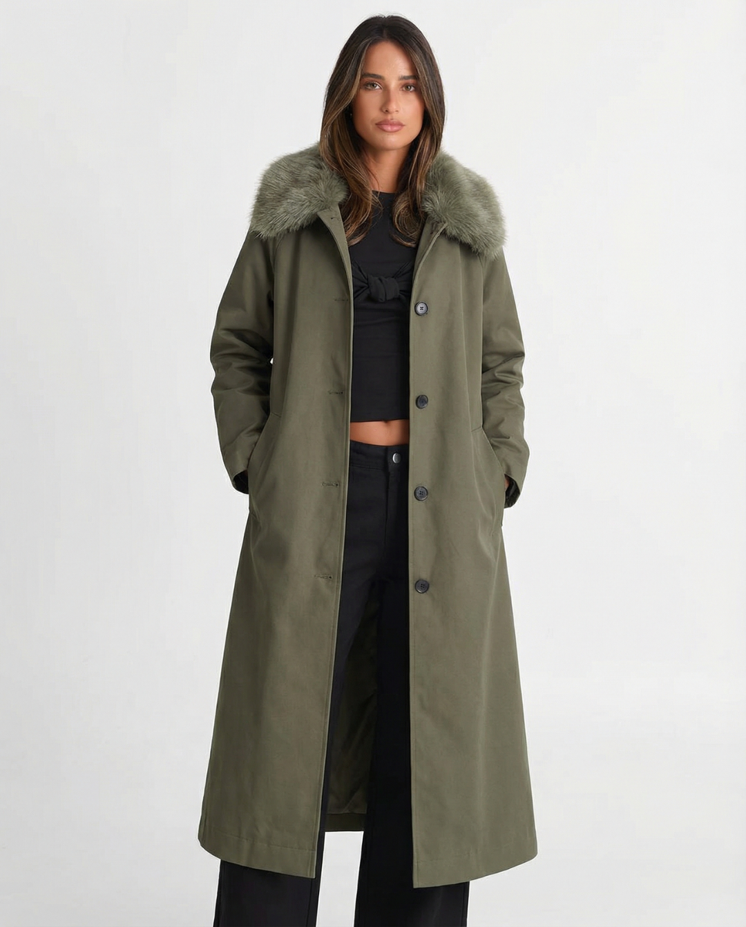 Cora | Faux Fur Collar Longline Coat Khaki Long