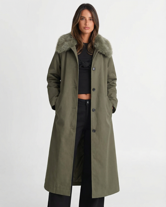 Thea | Long Puffer Coat Olive Faux Fur Collar Button Front