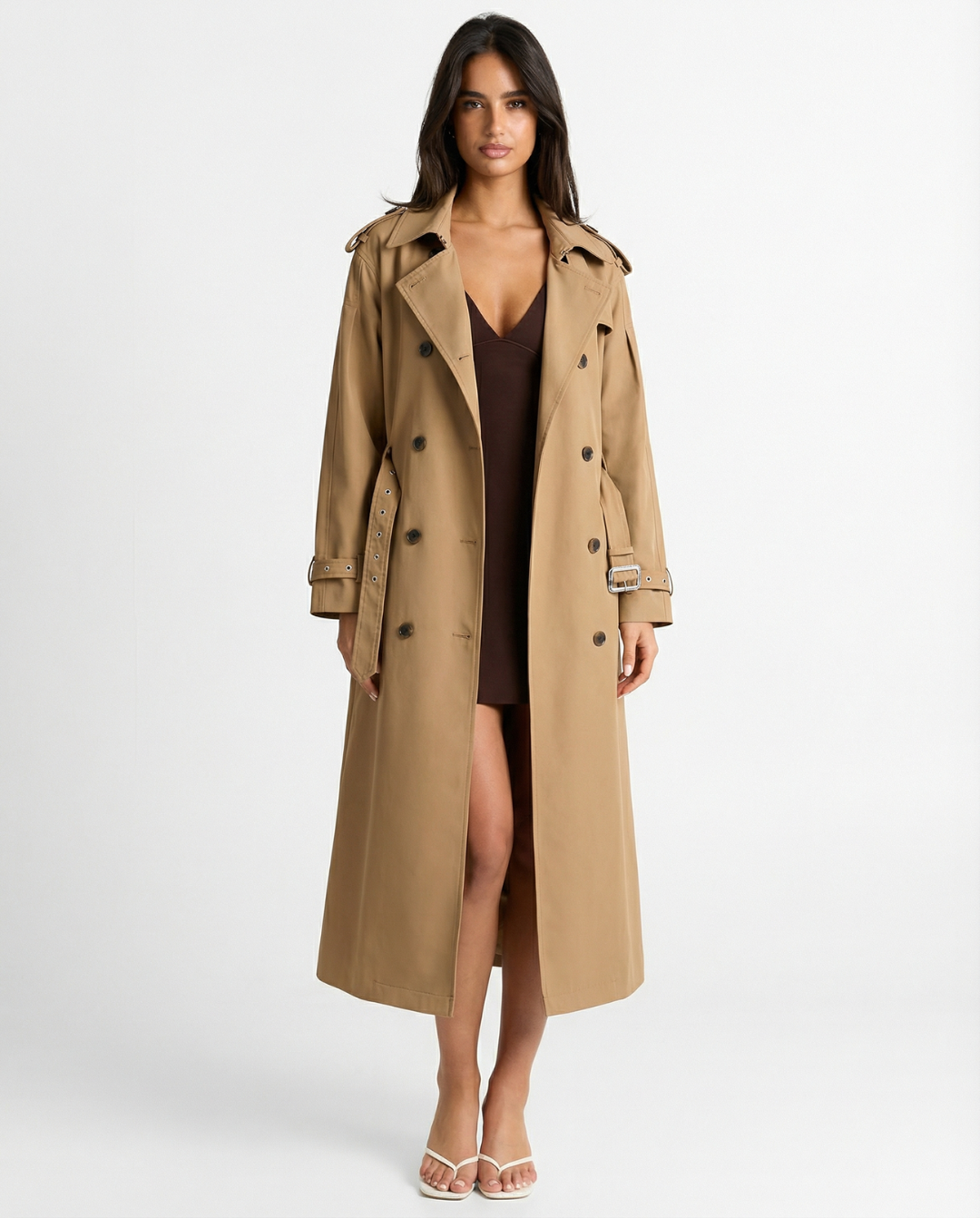 Floria | Double Breasted Trench Coat Beige Long Sleeve Belted
