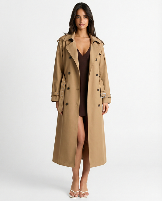 Fleur | Elegant Double Breasted Trench Coat Beige Long