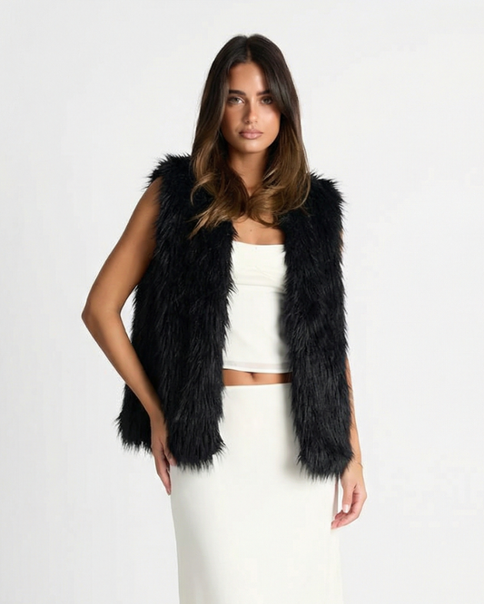 Thea | Faux Fur Vest Black Sleeveless