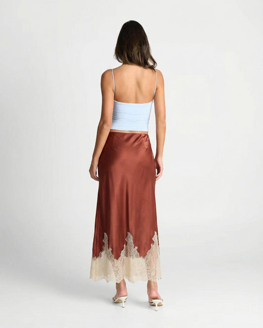 Etta | Satin Midi Skirt Brown Lace Trim