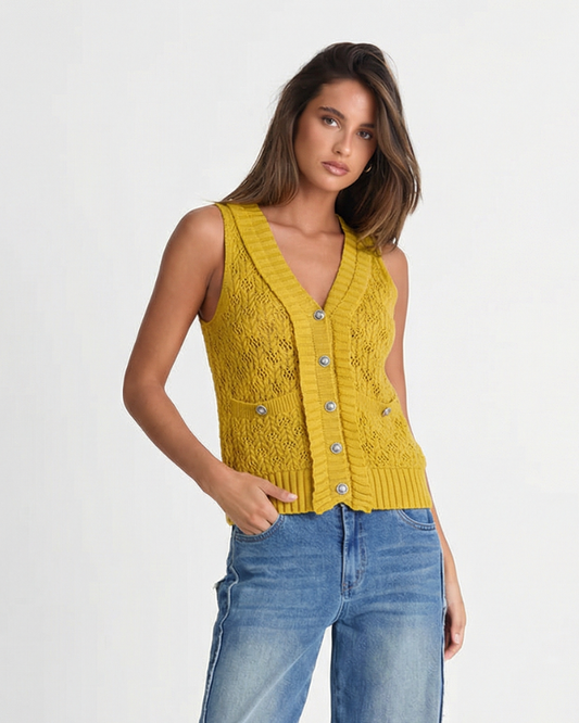 Margot | Ribbed Knit Cardigan Yellow V Neck Button Front