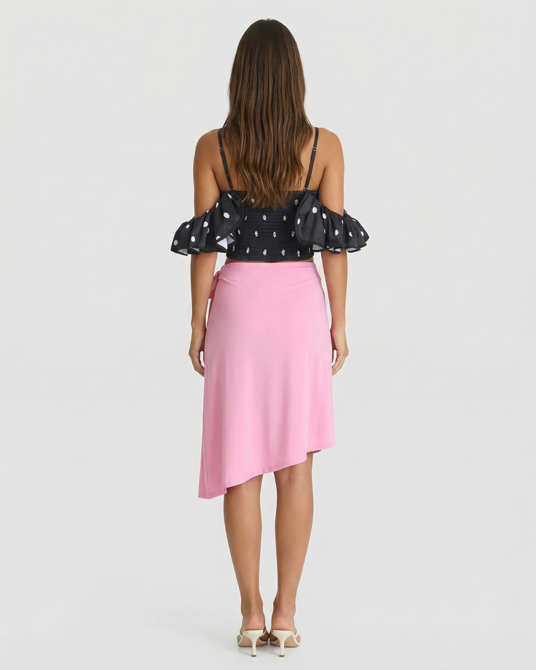 Celeste | Off Shoulder Top Black Satin Crop Polka Dot Ruched