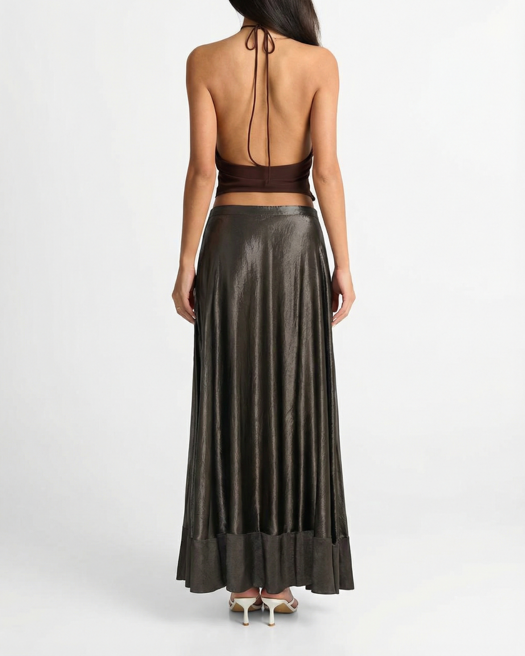 Uma | Elegant Satin Maxi Skirt Brown Pleated Tiered