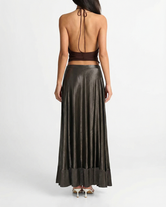 Margot | Satin Maxi Skirt Gray Pleated Tiered