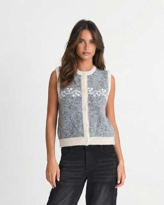 Greta | Sleeveless Cable Knit Cardigan Gray Cream Button Front