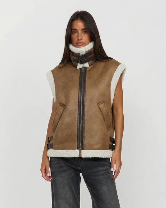 Margot | Sherpa Lined Vest Brown Cream Sleeveless Zip Up
