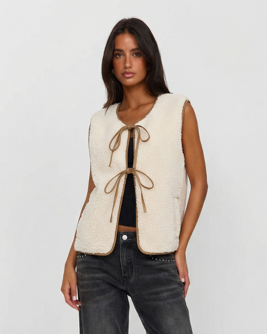Camille | Sleeveless Tie Front Cardigan Cream Textured