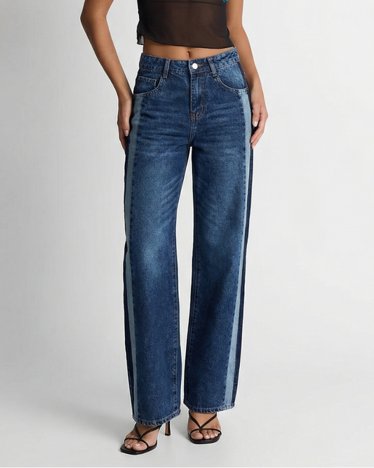 Vera | Wide Leg Jeans Dark Blue High Waisted Side Stripe