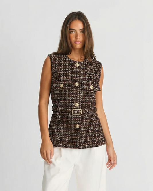 Margot | Preppy Tweed Sleeveless Top Brown Button Front Belted