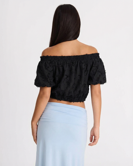 Vera | Off Shoulder Crop Top Black Textured Short Sleeve