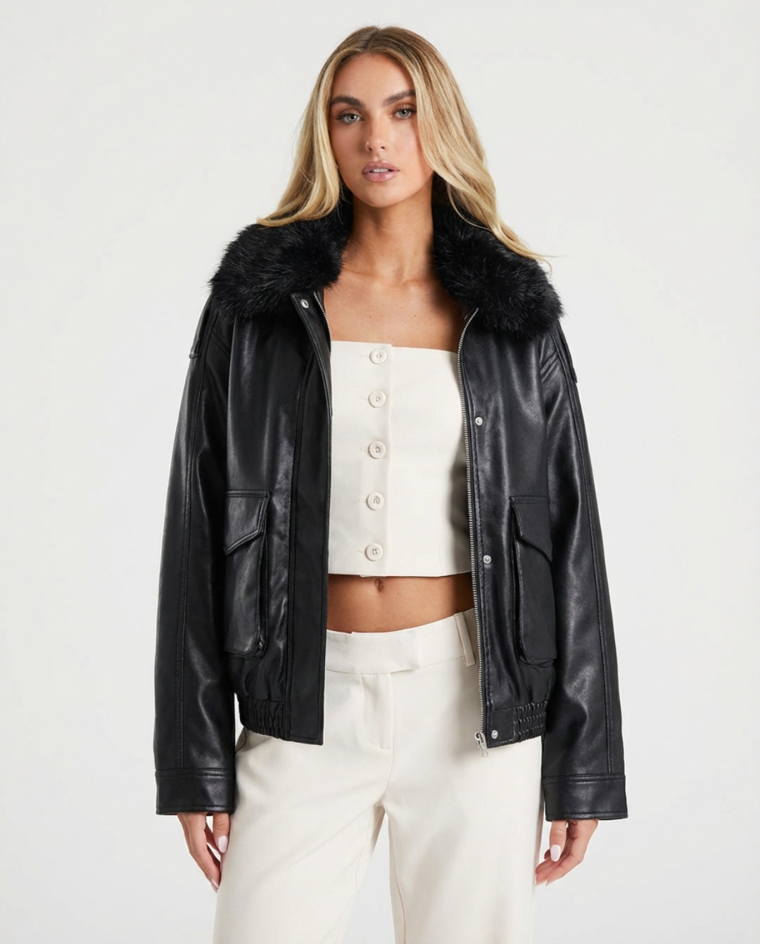 Margot | Faux Leather Bomber Jacket Black Faux Fur Collar