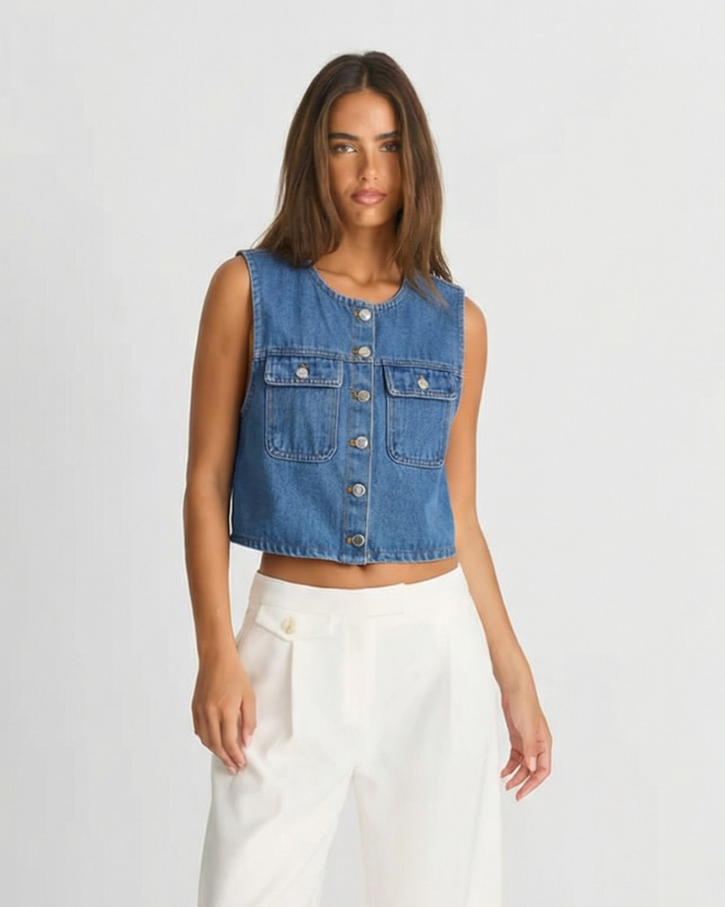Cora | Cropped Denim Vest Blue Button Front Pockets
