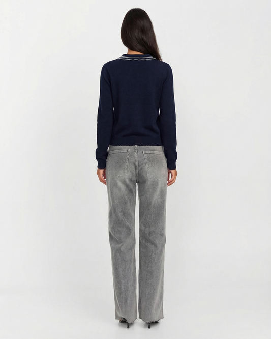 Ines | Peter Pan Collar Blouse Navy Long Sleeve Knitted