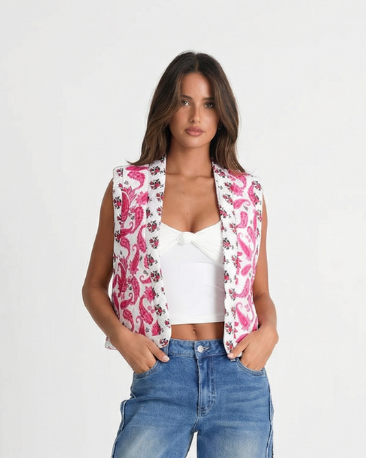 Vera | Paisley Print Sleeveless Cardigan Pink White Open Front