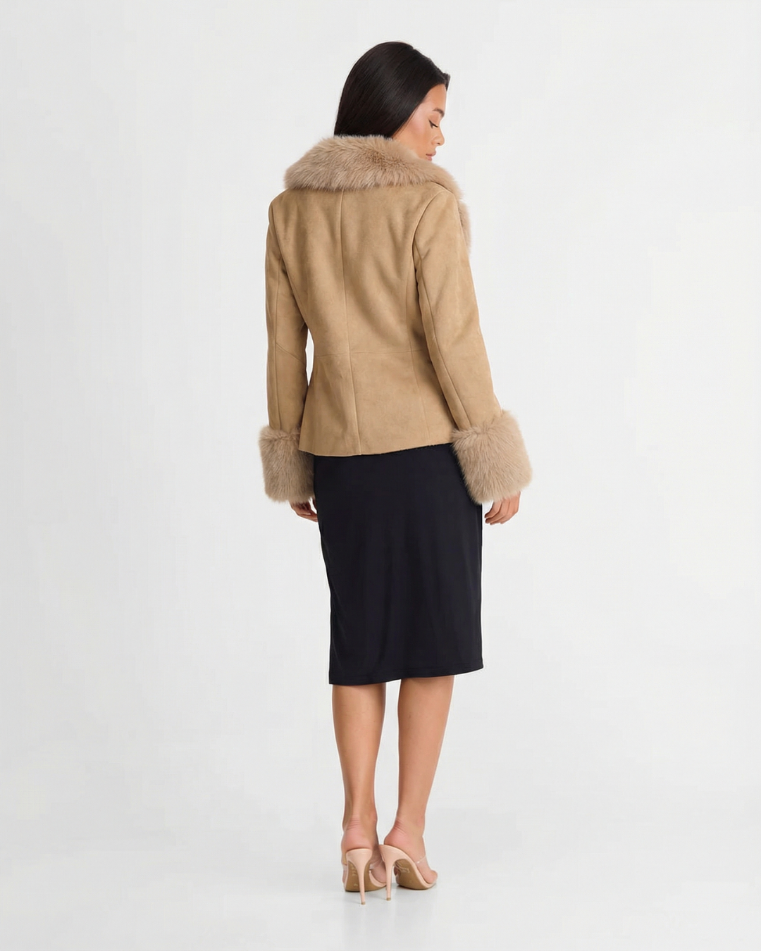 Margot | Camel Suede Blazer Faux Fur Collar Cuff