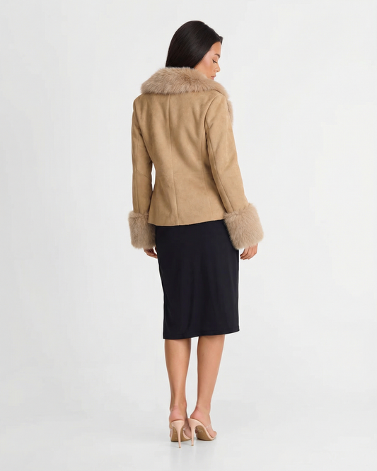 Margot | Camel Suede Blazer Faux Fur Collar Cuff