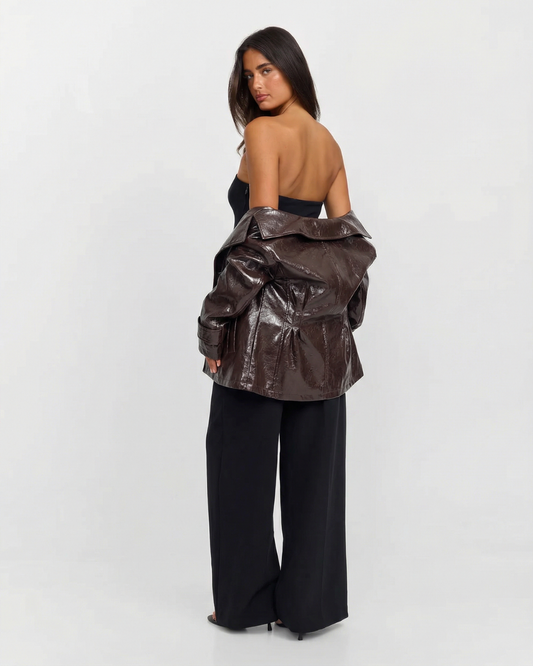 Cleo | Faux Leather Jacket Brown Double Breasted Long Sleeve