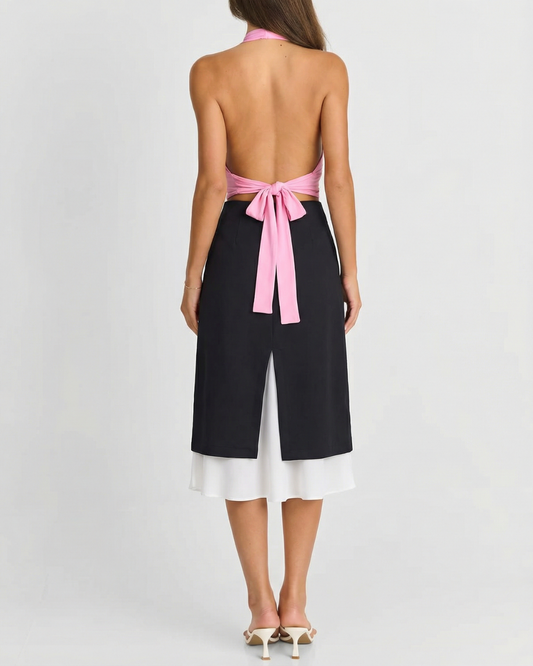 Cora | Elegant Midi Skirt Black Contrast Hem A Line Satin