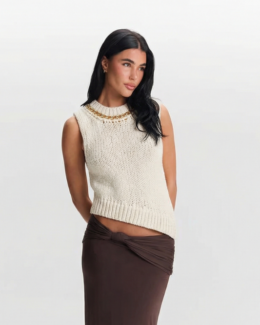 Vera | Cropped Sweater Vest Cream Chain Detail Sleeveless