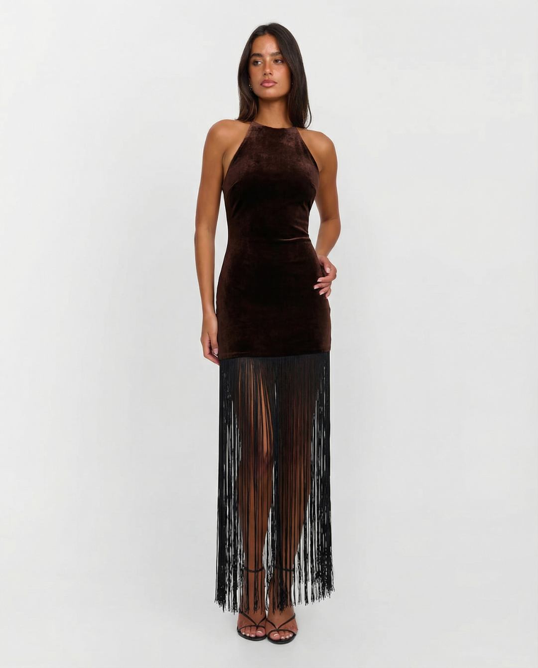 Thea | Velvet Fringe Maxi Dress Black Halter