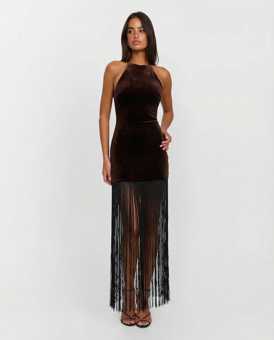Saskia | Elegant Velvet Fringe Maxi Dress
