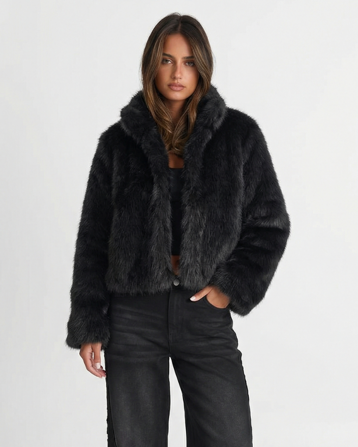 Thea | Cropped Faux Fur Coat Black Fluffy