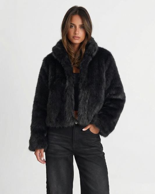 Thea | Cropped Faux Fur Coat Black Fluffy