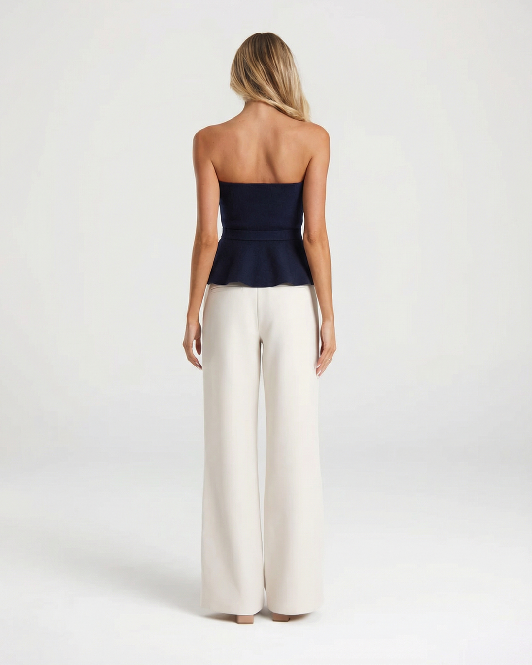 Viola | Elegant Peplum Top Navy Strapless Belted Fitted