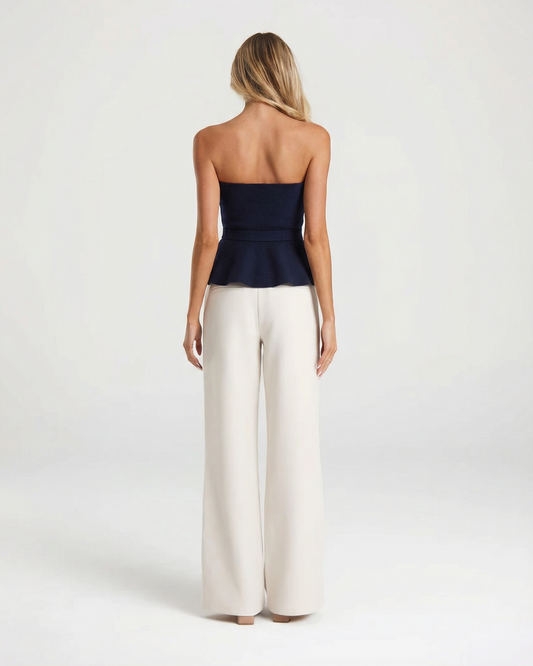 Viola | Elegant Peplum Top Navy Strapless Belted Fitted