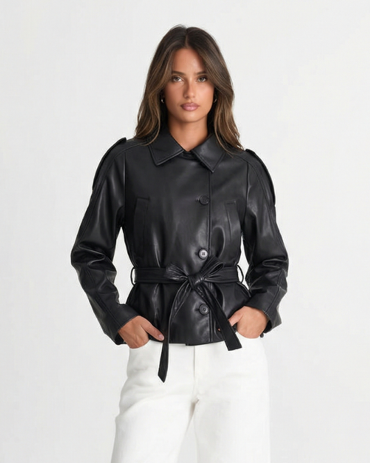Zoe | Faux Leather Belted Jacket Black Button Down