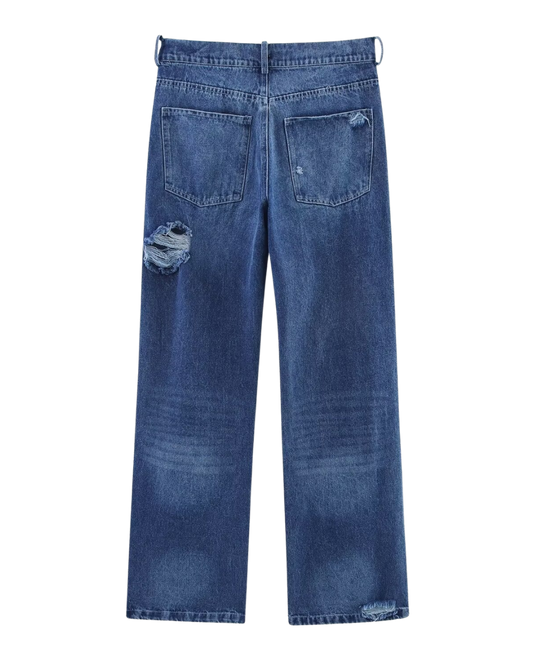 Alma | High Waisted Straight Leg Jeans Ripped Dark Blue Distressed