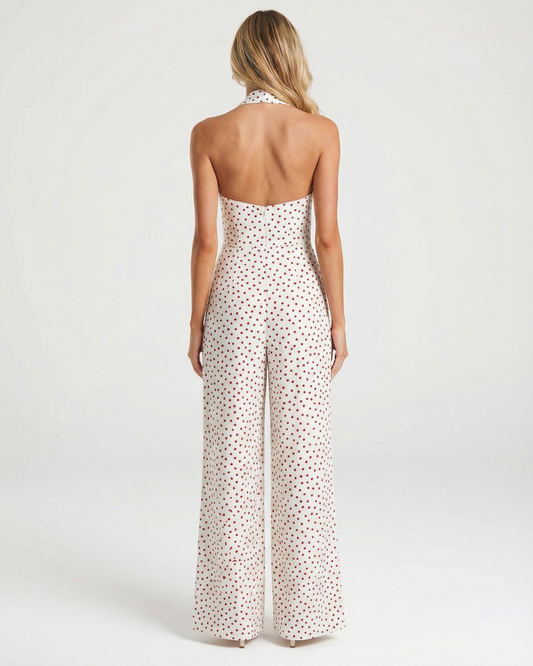 Tess | Elegant Polka Dot Halter Neck Jumpsuit Cream Wide Leg