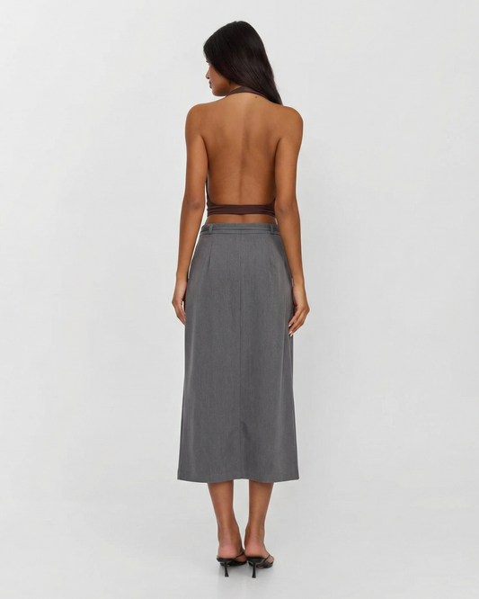 Nell | Midi Skirt Grey Drawstring Tailored Split