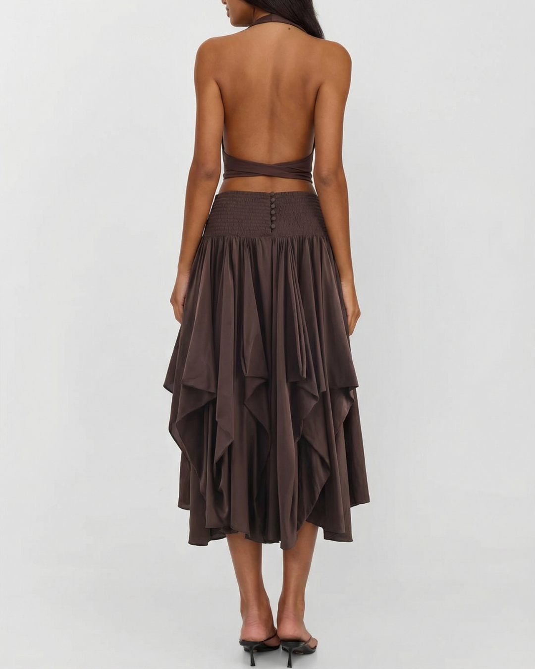 Edie | Elegant Satin Midi Skirt Brown Asymmetric Hem