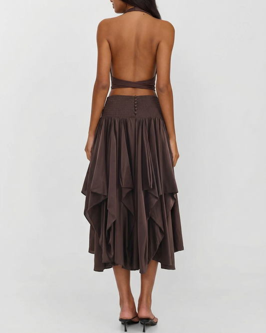 Edie | Elegant Satin Midi Skirt Brown Asymmetric Hem