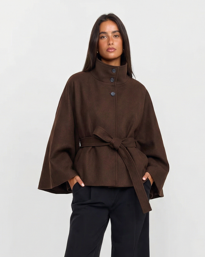 Wren | Elegant Brown Jacket Belted Oversized Funnel Neck