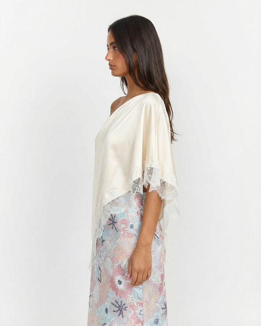 Tallulah | One Shoulder Top Cream Satin Lace Trim Asymmetric