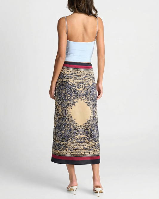 Noa | Summer Wrap Maxi Skirt Navy Printed Satin Tie