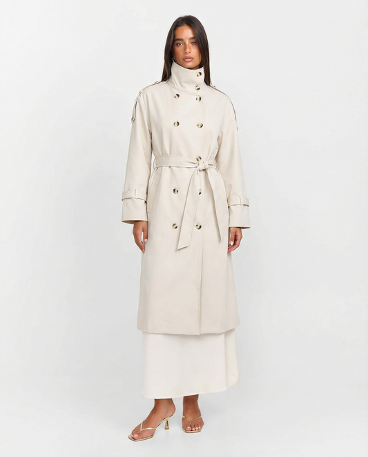 Viola | Elegant Belted Double Breasted Coat Cream Long